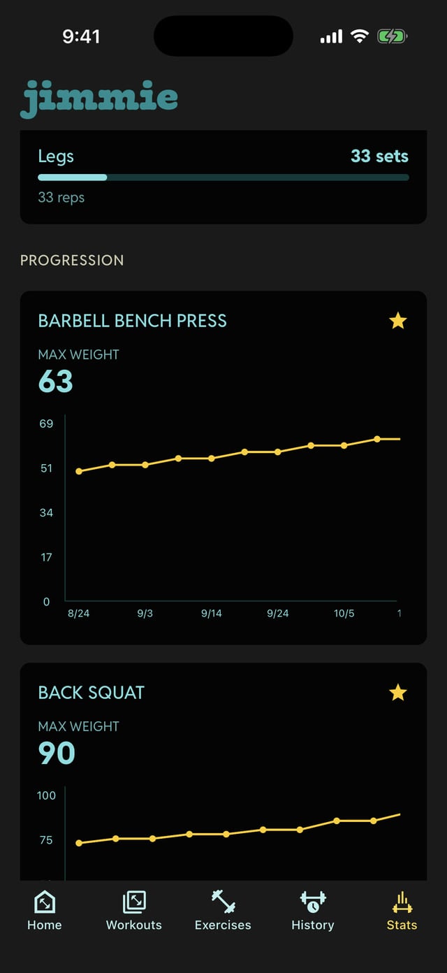 Stats screen with set totals and max-weight progression charts